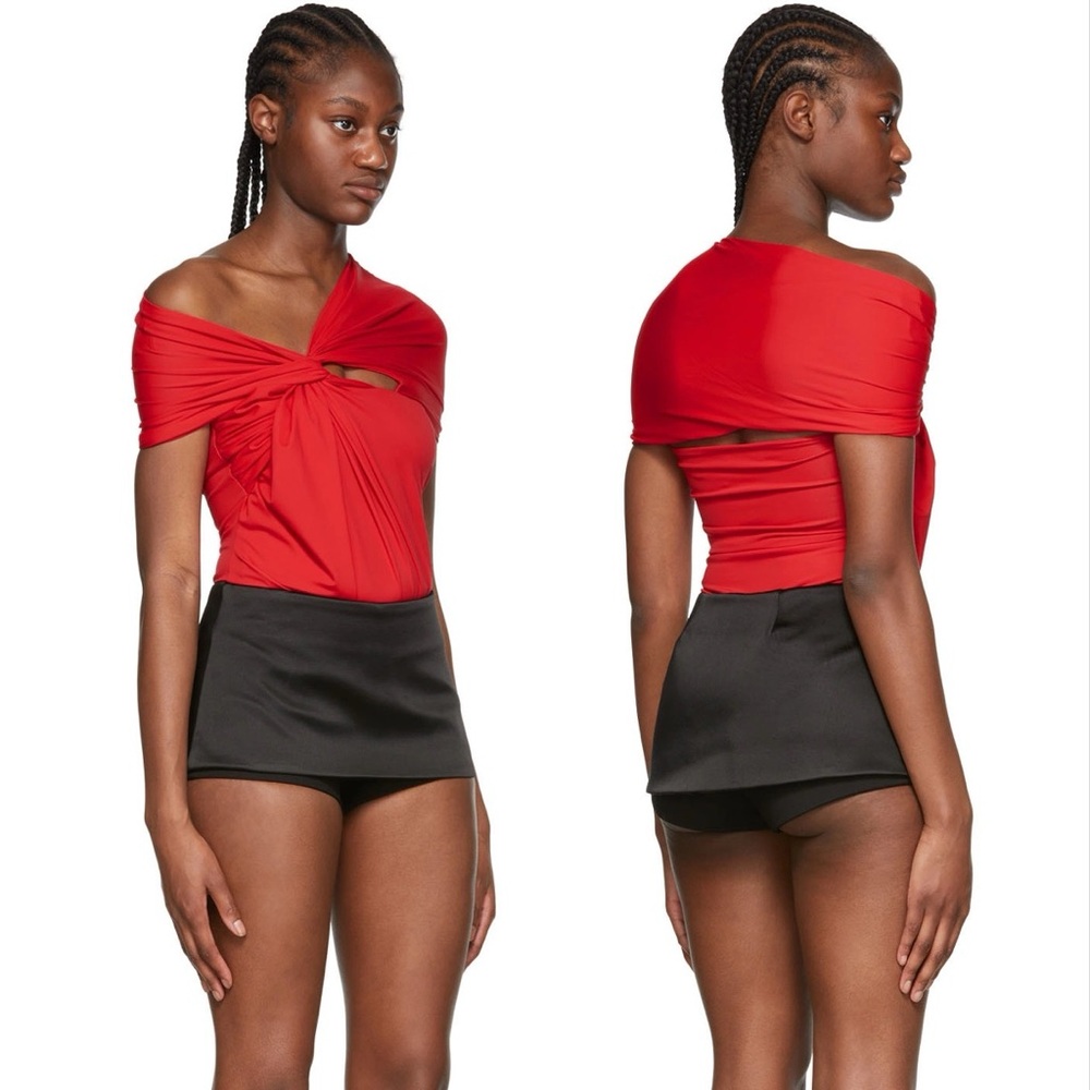 Maximilian Bright Red Nylon Disco Draped Stretchy Off Shoulder Bodysuit